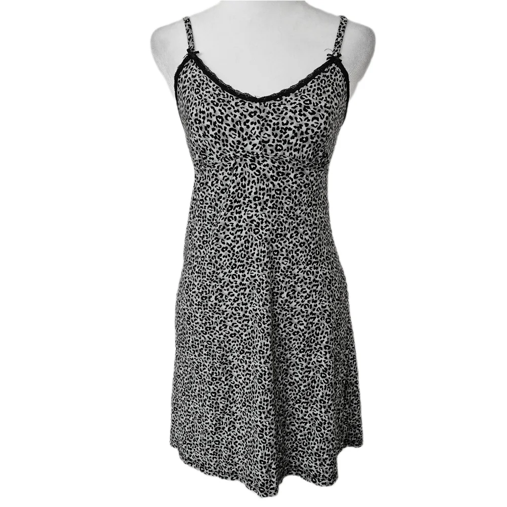 Rene Rofe Babydoll Leopard Print Slip Dress Womens Small Loungewear Y2K Bow Glam